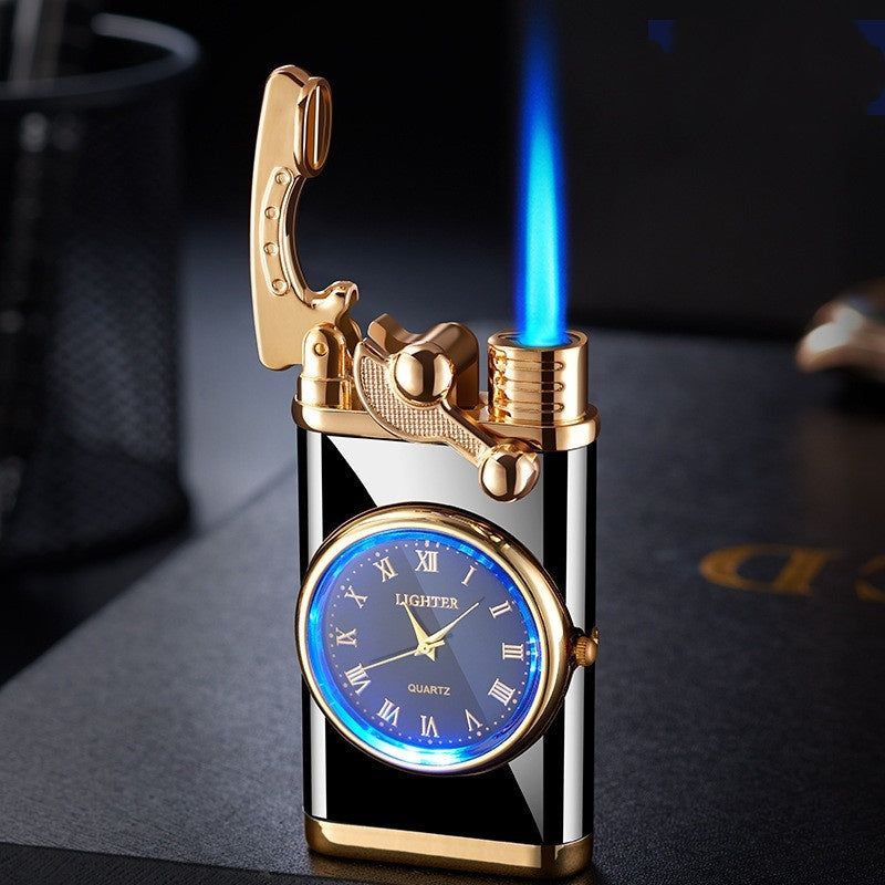 New Lighter With Electric Watch Rocker Arm Automatic Ignition Straight Blue Flame Lighter Creative Real Dial Inflatable Windproof Lighter Men's Watch Gift