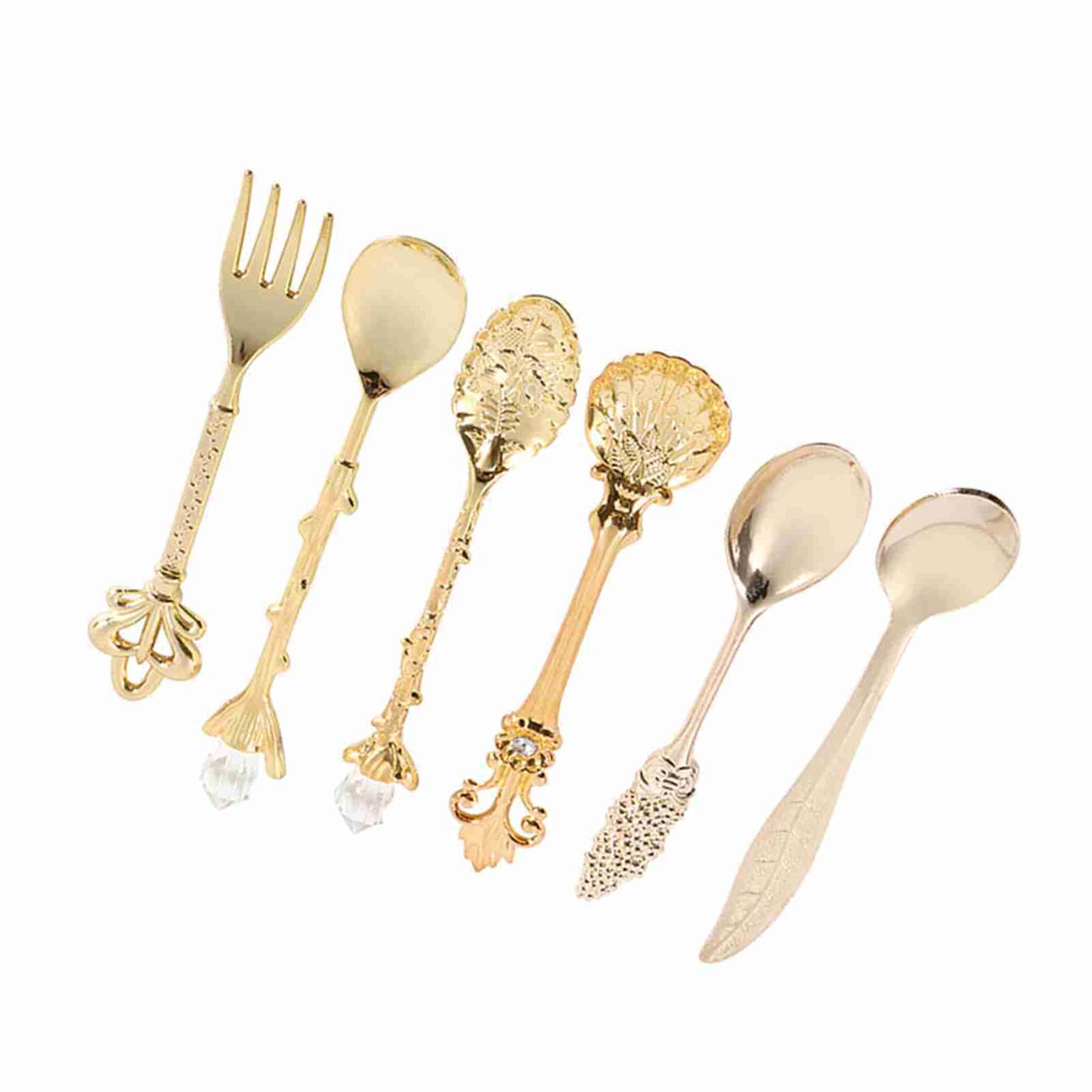 6Pcs/Set Retro Royal Style Metal Mini Coffee Spoons and Fork Kitchen Fruit Accessories Golden