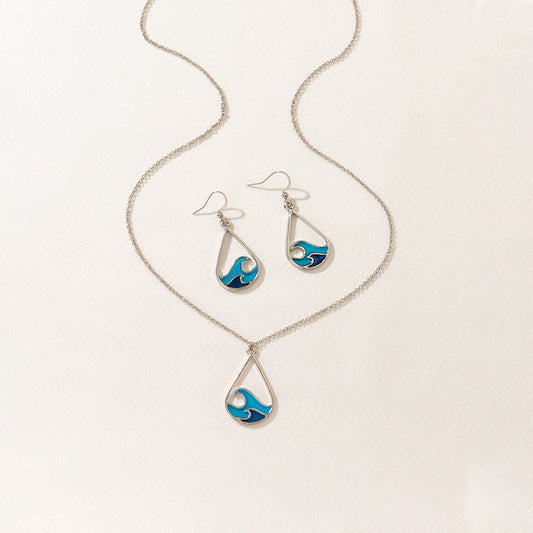 Tidal Blue Stainless Steel Necklace And Earrings Suite