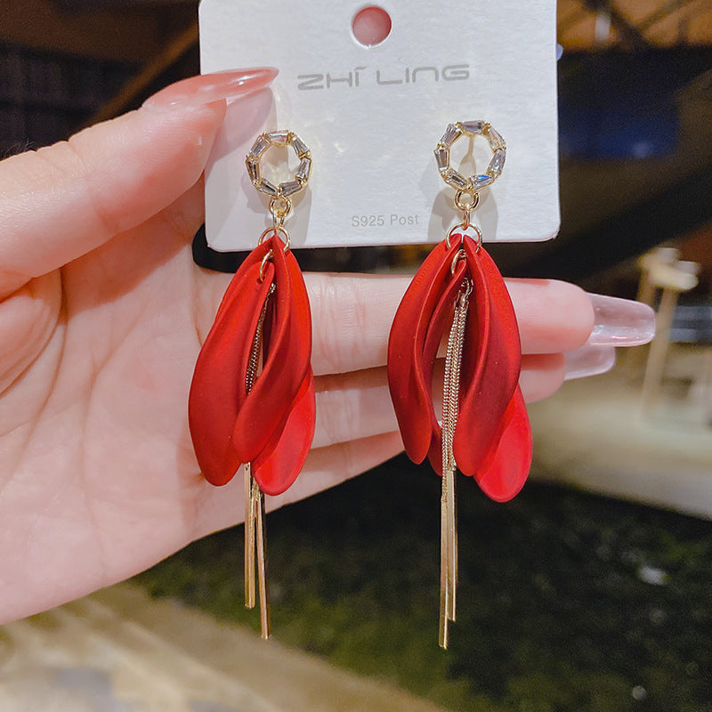 925 Silver Needle Red Copper Earrings Studded With Zircon Women's Long Tassel Earrings New Trendy Korean Online Influencer Earrings