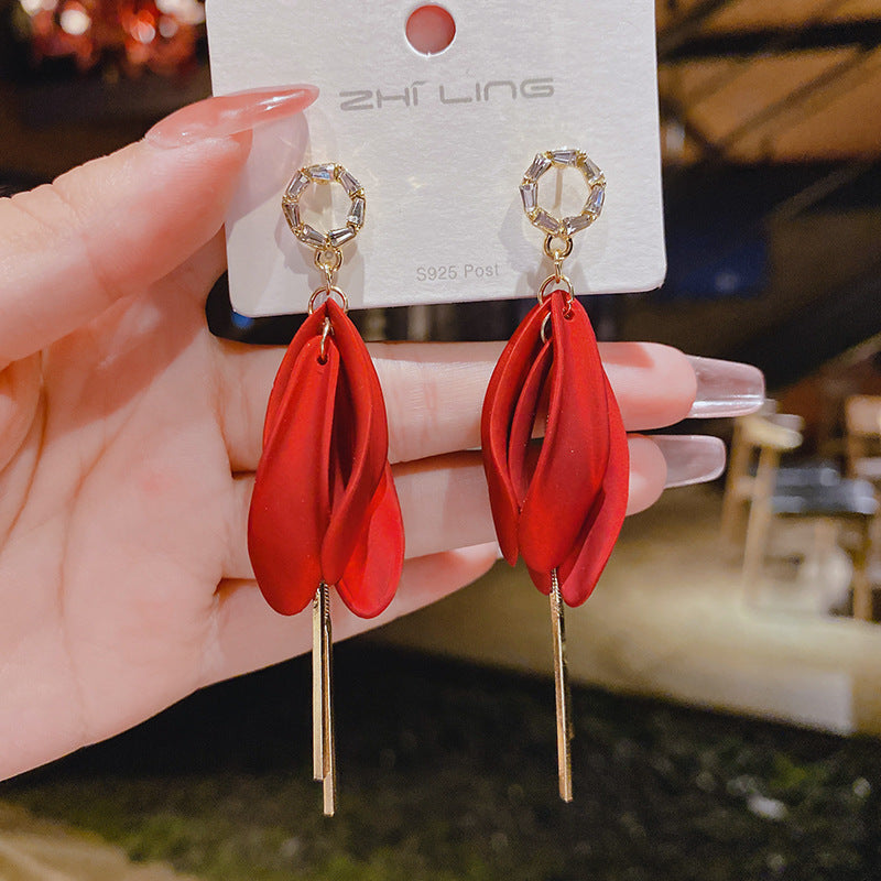 925 Silver Needle Red Copper Earrings Studded With Zircon Women's Long Tassel Earrings New Trendy Korean Online Influencer Earrings