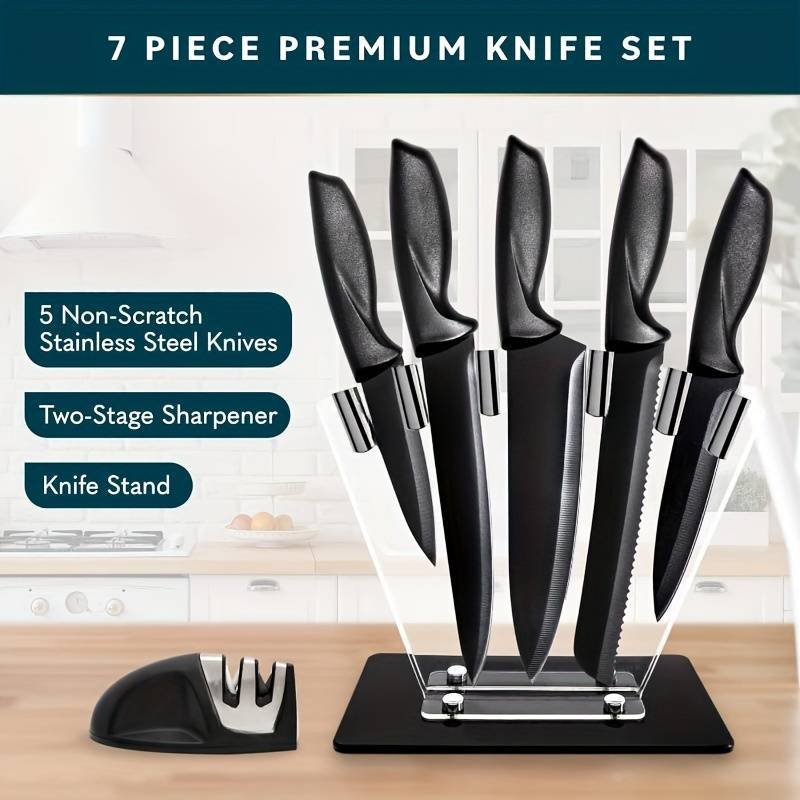 7-Piece High Carbon Stainless Steel Kitchen Knife Set With Handles And Sharpener