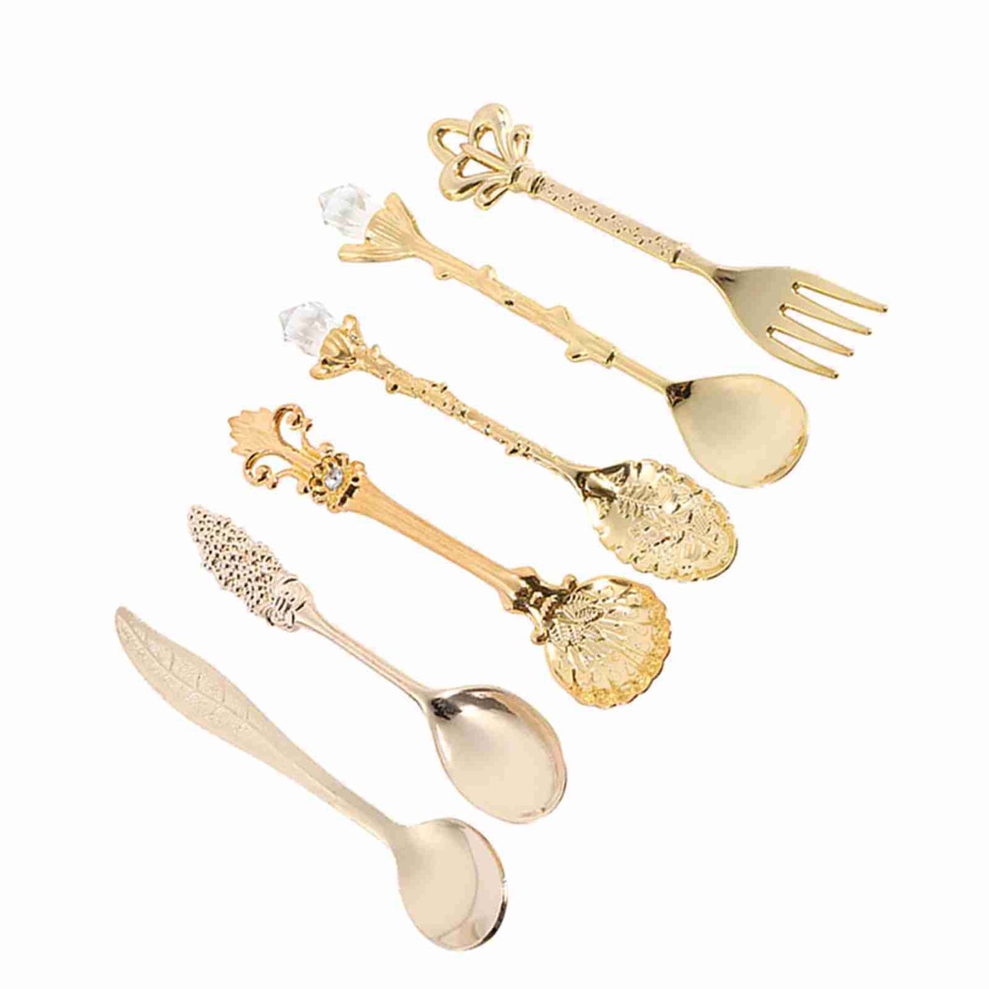 6Pcs/Set Retro Royal Style Metal Mini Coffee Spoons and Fork Kitchen Fruit Accessories Golden