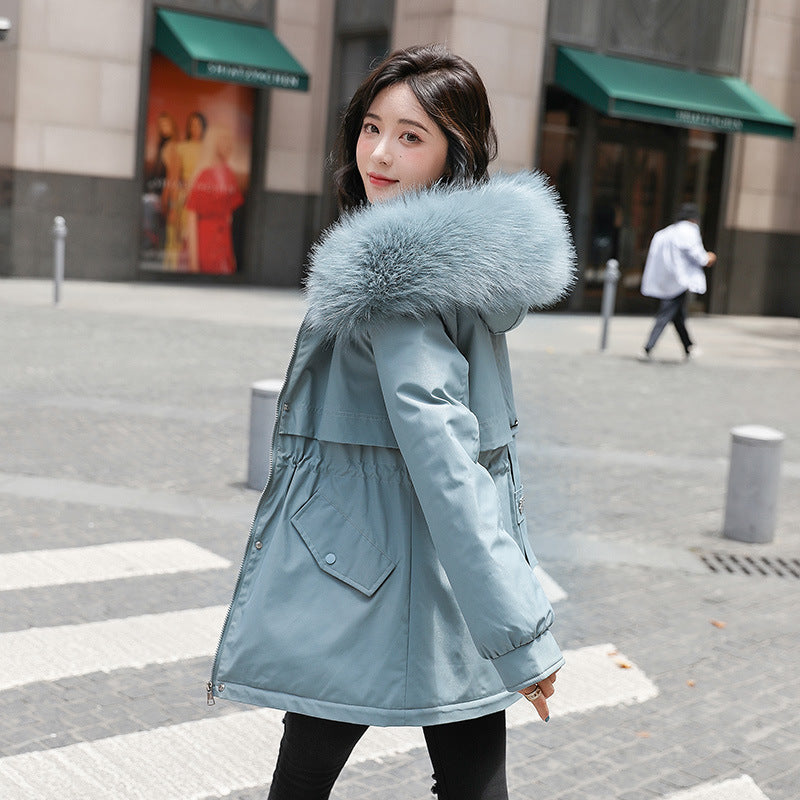 Big Fur Collar Loose Cotton-padded Fleece-lined Thickened Parka Cotton Clothing