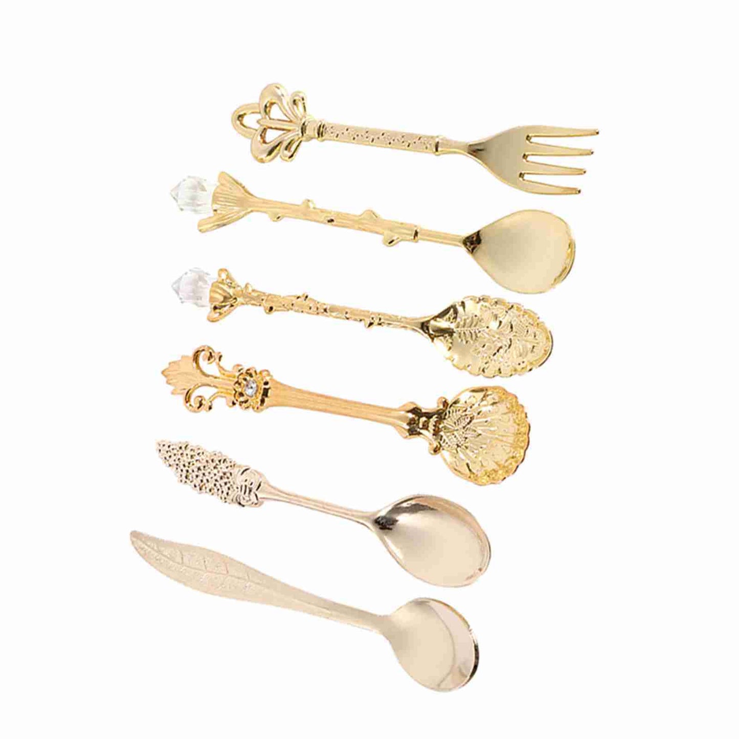 6Pcs/Set Retro Royal Style Metal Mini Coffee Spoons and Fork Kitchen Fruit Accessories Golden