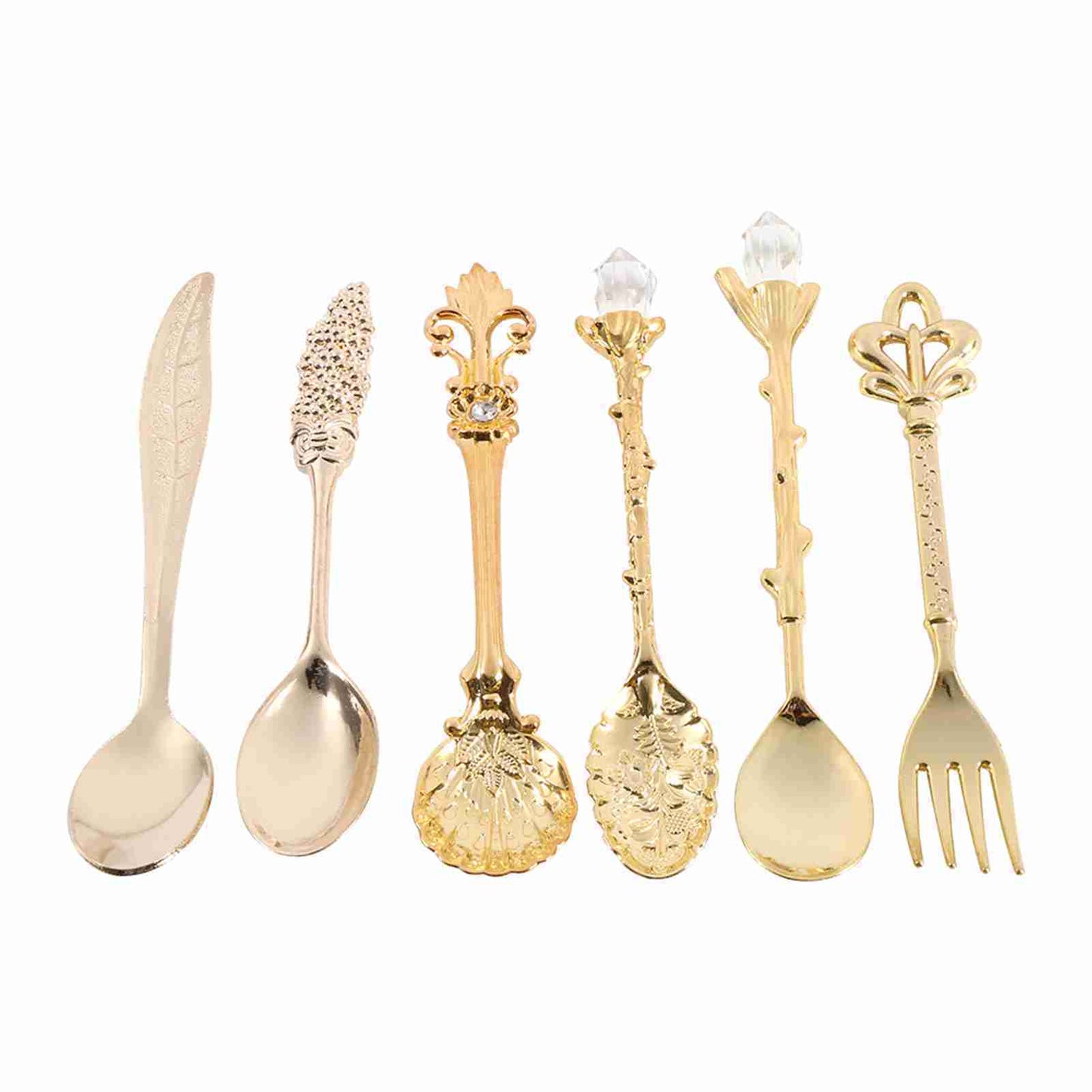 6Pcs/Set Retro Royal Style Metal Mini Coffee Spoons and Fork Kitchen Fruit Accessories Golden