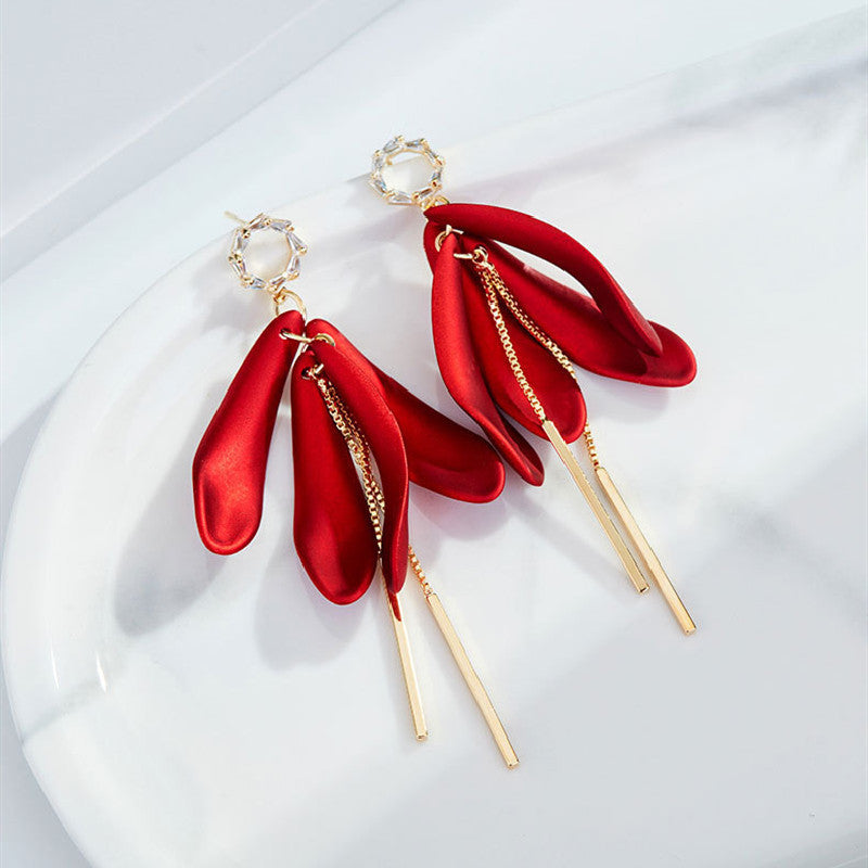 925 Silver Needle Red Copper Earrings Studded With Zircon Women's Long Tassel Earrings New Trendy Korean Online Influencer Earrings