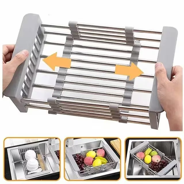 Adjustable Immersion Sink Dish Drying Rack With Stainless Steel Drain Basket - Portable And Retractable Space-Saving Fruit And Vegetable Solution