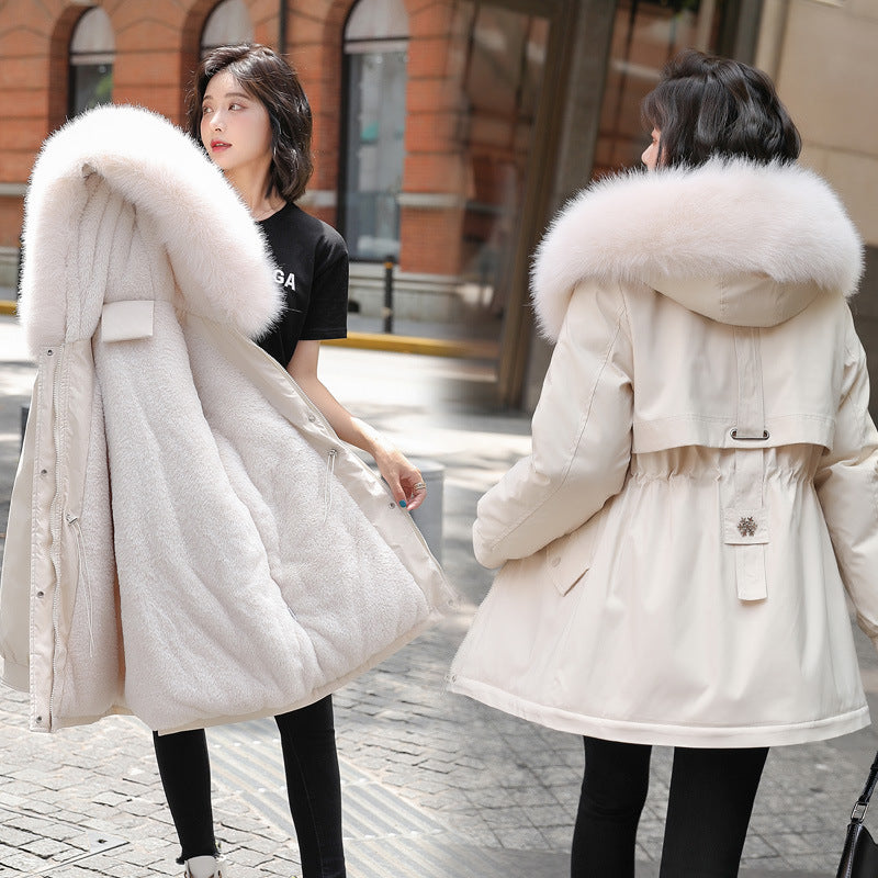 Big Fur Collar Loose Cotton-padded Fleece-lined Thickened Parka Cotton Clothing